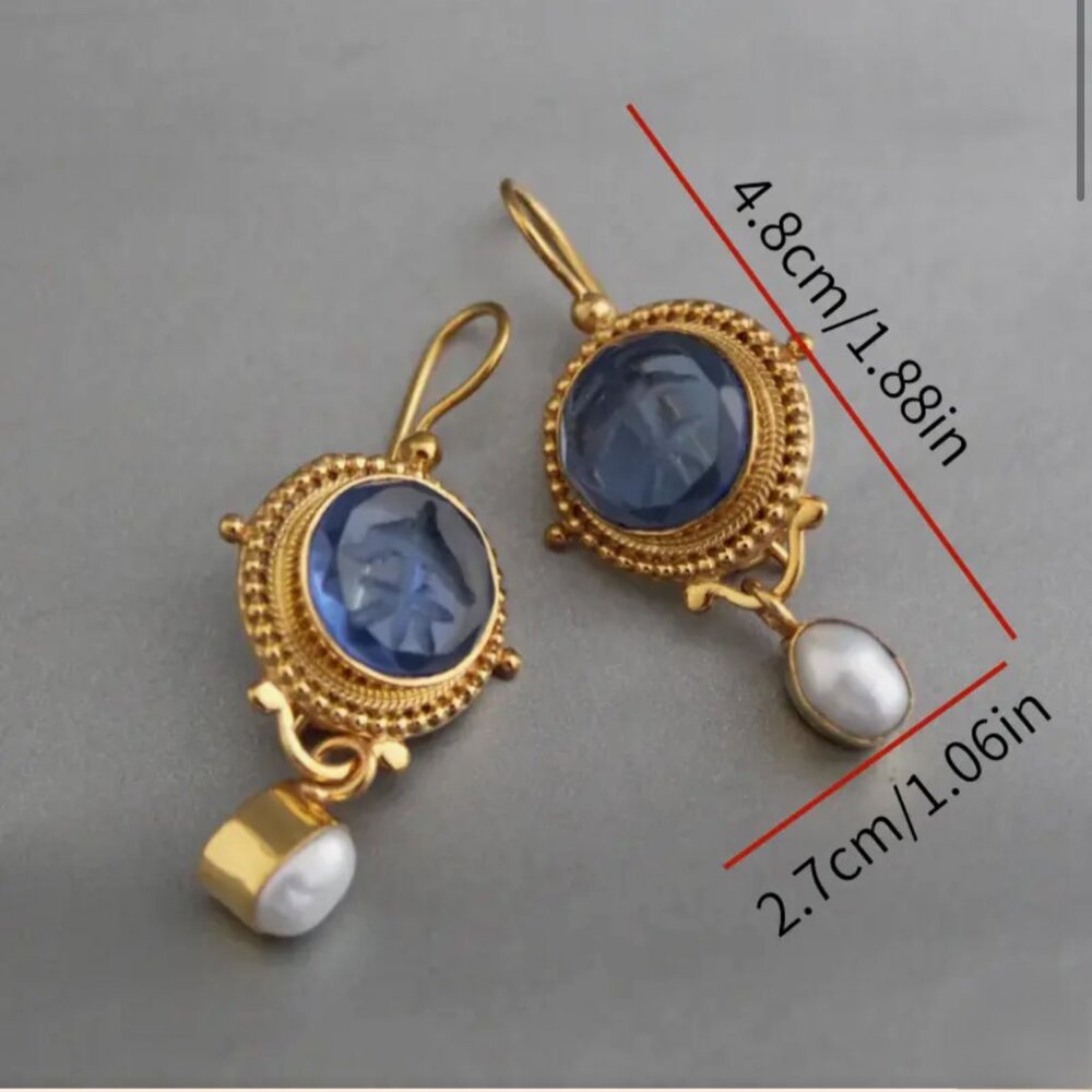 NEW Etienne French Regency Cobalt Blue Engraved Glass Pearl Drop Earrings - Picture 4 of 4